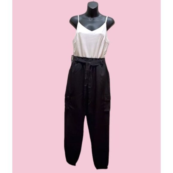 J for Justify Sleeveless Black & White Tie Waist Cargo Jumpsuit Size M - Picture 1 of 16